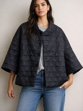 MarlaWynne Quilted Button Down Oversized Boxy Fit Puffer Jacket Coat Black